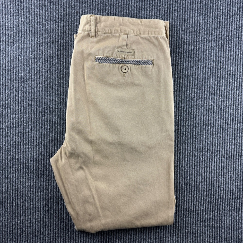 Southern Marsh Mens Khaki Chino Pants Tan Straight Patterned Pocket Trim 36x32